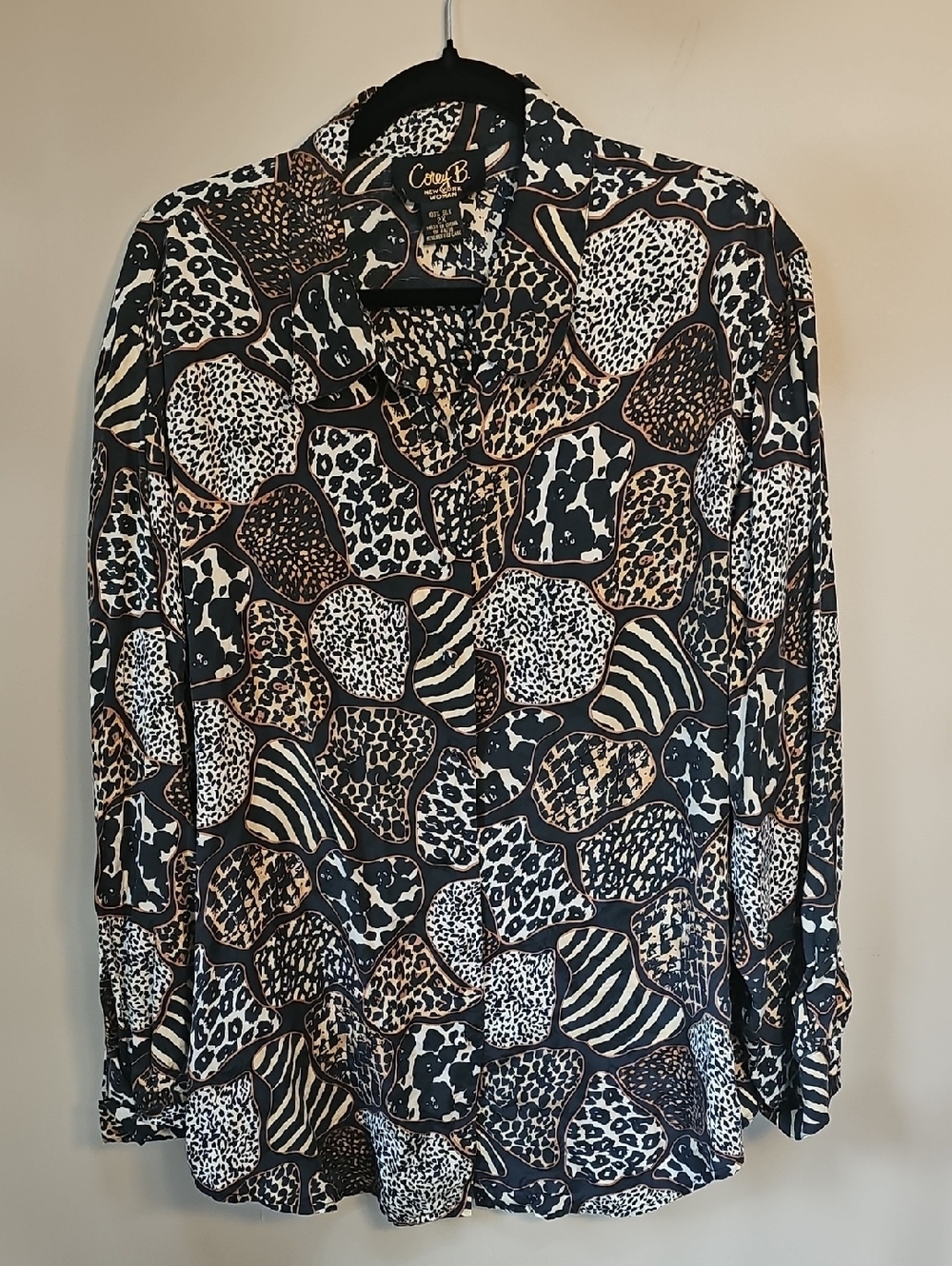 Vintage Corey B. 100% Silk Button-Up Blouse in Animal Prints Black, Tan & Cream